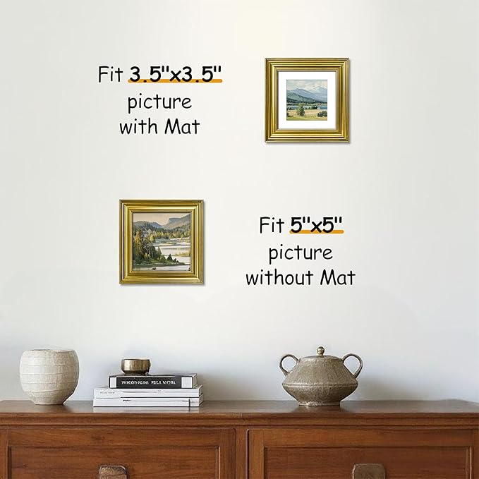 VIOLABBEY 5x5 Picture Frame Gold, Vintage Photo Frames Square, Fits Pictures 3.5x3.5 with Mat or 5 x 5 without Mat, Display for Tabletop and Wall