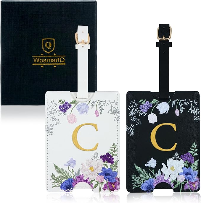 2 Pack PU Leahter Luggage Tags with PU Leather Straps, Fun Travel case Labels, Privacy-Protected ID Card Holders, Allowing for Quick Identification of Luggage and Easy locating of Your Bags (C)