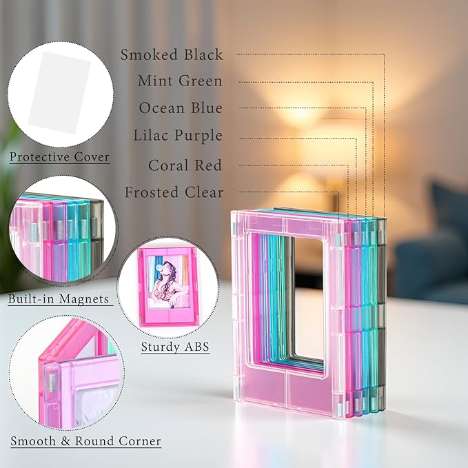 JOYZO 2x3 Magnetic Picture Frames, 6 Pack Small Frames with Front Covers for Fujifilm Instax Mini Films, fits for Polaroid Instax 12 11 90 8 41 99 40 50 EVO Desk Refrigerator Display(Semi-Clear)