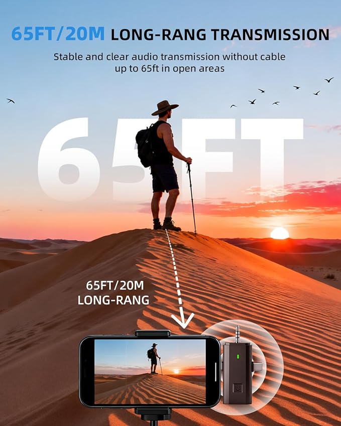 3-in-1 Mini Microphones: Wireless Lavalier Microphone with AI Noise Reduction for iPhone 15/14/13/12, Android, Cameras 12H Battery, Plug and Play Wireless Microphones for Vlog/YouTube/TikTok/Live