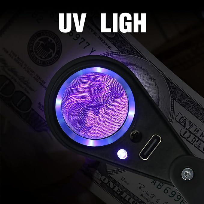 10X Rechargeable Jewelers Loupe with UV & LED Lights Four Light Modes, 22mm Triplet Lens Illuminated Folable Eye Loop Magnifier Pocket Jewelry Magnifying Glass for Jewelry, Gemstone, Coins, Stamps
