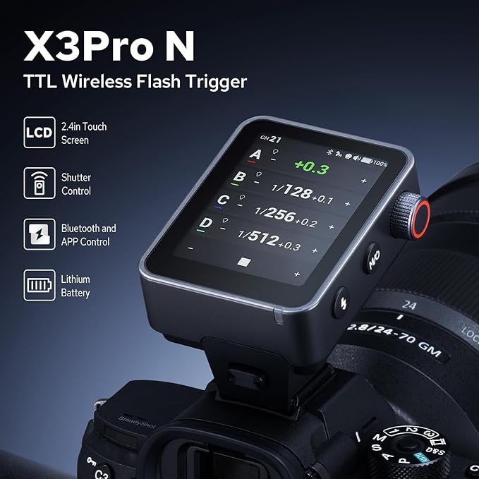 Godox X3 Pro N X3Pro-N Flash Trigger for Nikon, 2.4" Touchscreen, 1/8000s HSS TTL TCM, USB-C Charge, 30-Day Battery Life, GODOX X3PRO X3Pro N X3ProN Touchscreen Wireless Flash Trigger Transmitter