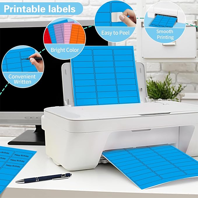 1" x 2-5/8" Colored Address Labels, 600 Bright Blue Label Stickers- Laser/Ink Jet Printer Mailing Labels, 8.5"x11" 20 per Sheet