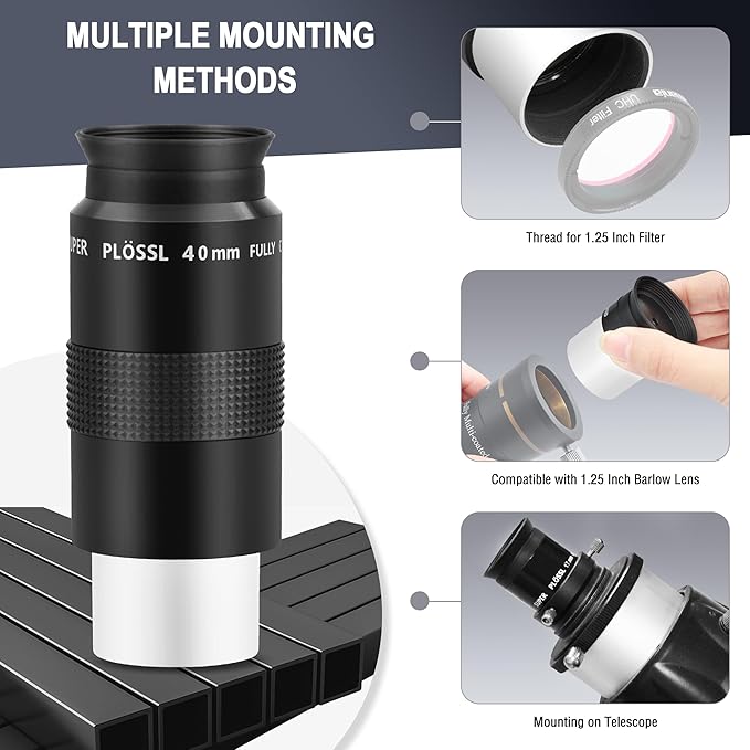 Astromania Telescope Eyepiece Set 1.25 Inch Super Plossl Eyepiece Set 10mm 17mm 40mm, 5 Element Fully Multi Coated Metal 52 Degree Apparent Field, Telescope Accessory Set for Astronomy Telescope