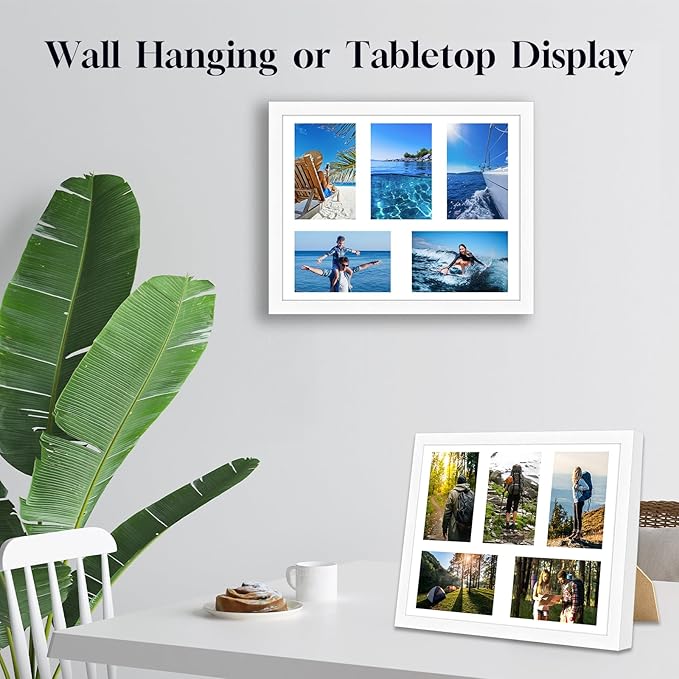 4"x6" Photo Collage Frame 5 Openings, 11"x14" Multi Picture Frame Collage Wall Decor, White Frame with White Mat, Wood