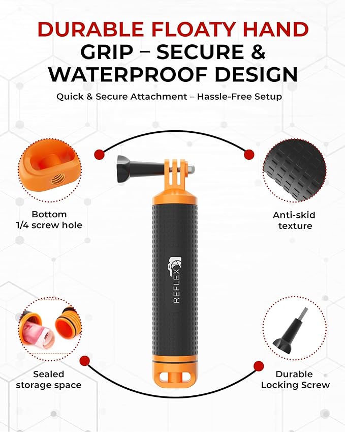 REFLEX CAMERA Waterproof Floating Hand Grip Compatible with Gopro Hero 13/12/11/10/9/8, Akaso, Insta360 & DJI Osmo & Other Action Cameras. Great Floating Handle with Anti Slip Grip & Wrist Strap