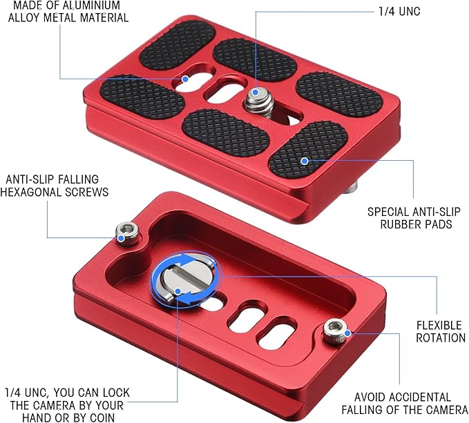 Frienda 2 Pieces Metal Quick Release Plate with 1/4''-20 Camera Screw Tripod Mount Plate Fits Standard for DSLR Camera Tripod Ball Head(Pu60,Red)