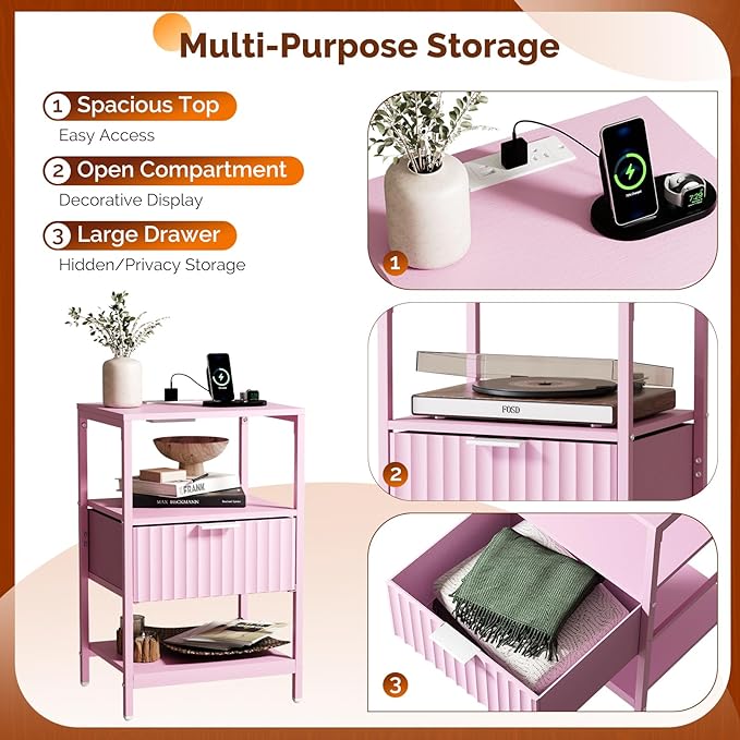 Bonnlo Fluted Nightstand with Charging Station, End Table with Fabric Drawer, Night Stand with Storage Shelf & Handle, Fluted Side Table for Bedroom/Living Room,Pink