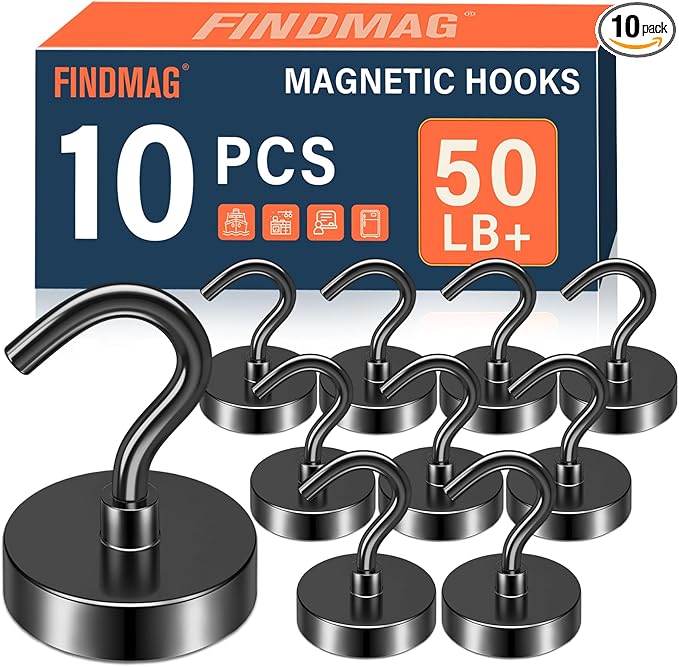 FINDMAG Black Magnetic Hooks, 50lbs Magnet Hooks for Hanging, Magnetic Key Holder for Fridge, Magnets for Classroom, Grill, Camper Accessories, Beach Vacation Essentials, Office Supplies, 10 Pack