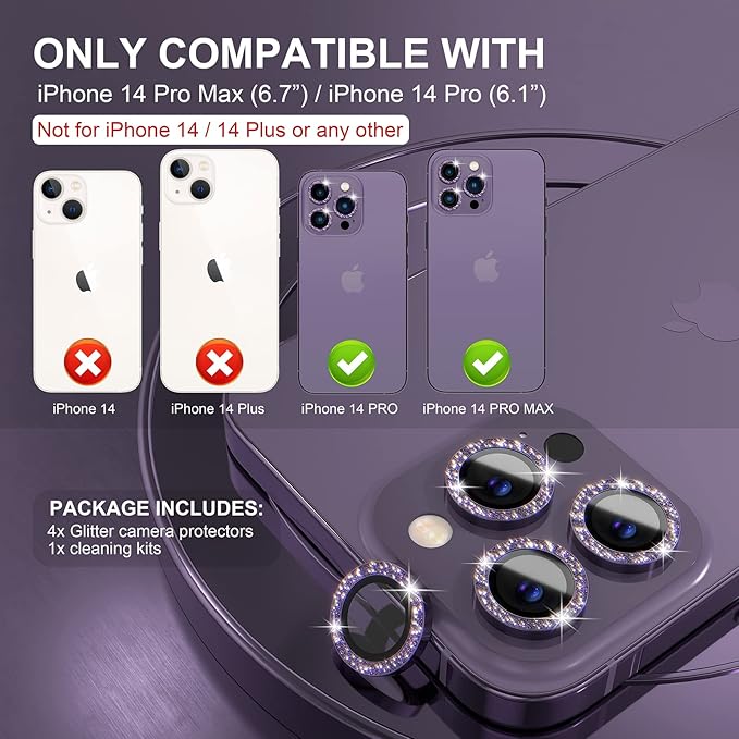 Choiche Compatible for iPhone 14 Pro/iPhone 14 Pro Max Camera Lens Protector Bling, 9H Tempered Glass Camera Cover Screen Protector Metal Ring Decoration Accessories (Glitter-Purple)