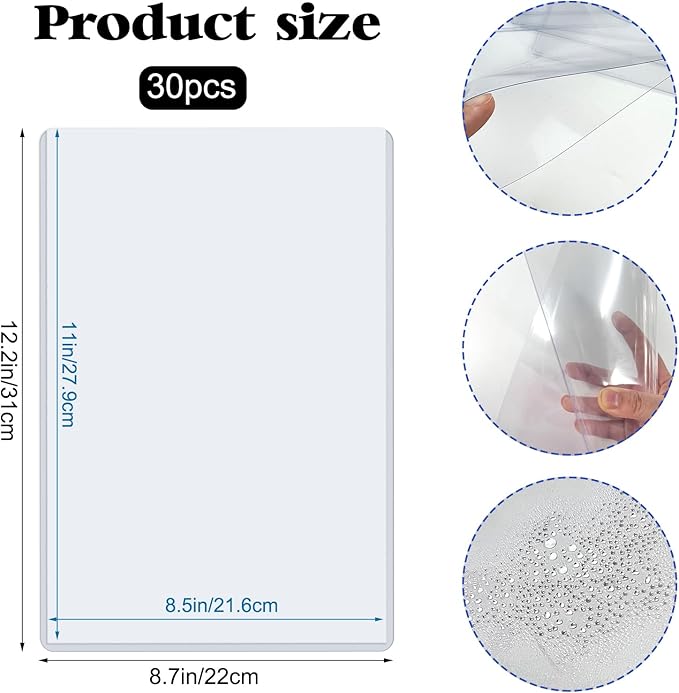 Rainmae 30 Pack 8.5" x 11" Rigid Waterproof Print Protectors, Clear Hard Plastic Page Sheet Sleeves for Paper Documents and Photos
