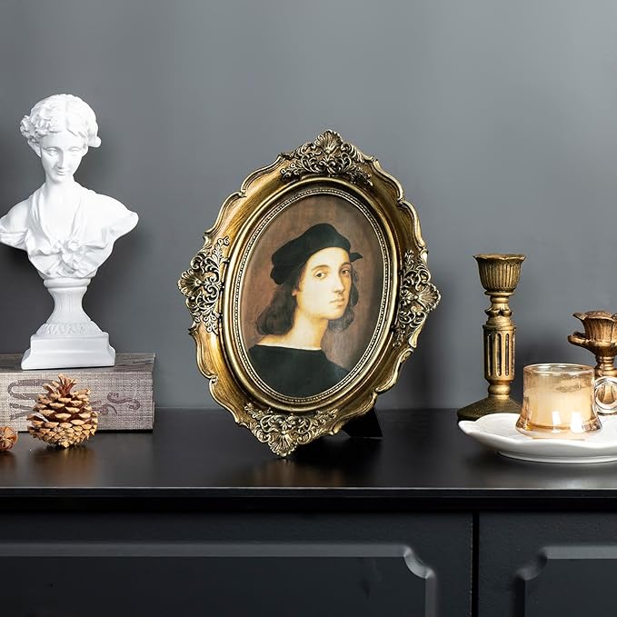 Cuspin 4x6 Vintage Picture Frame Gold Frames, Bronze Gold 4 by 6 Picture Frame Hand-Crafted Resin with Glass Front, Ornate Retro Oval Photo Frame for Wall Hanging and Tabletop Display