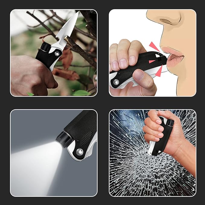 Led Mini Flashlight 6-in-1 Utility Folding Pocket Knife with Bottle Opener Glass Breaker Buckle Whistling Multi-Function Emergency Tool for Hiking Survival Camping Hunting