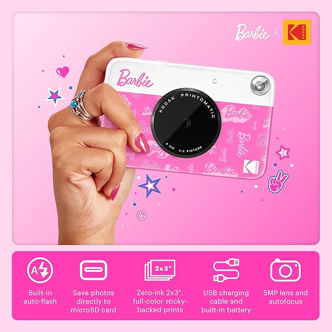 Kodak x Barbie Printomatic Full-Color Instant Print Digital Camera Barbie Deluxe Bundle (Signature Style)+ Barbie Deluxe Camera Case + Barbie Photo Album + Zink Paper (20 Sheets)