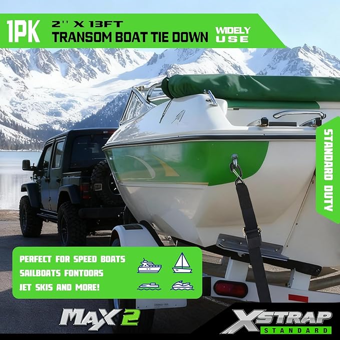 XSTRAP STANDARD 1PK 2''x 13' Adjustable Tie-Down Wide Webbing Rated Capacity: 1200 lb Moving Straps Tie Downs Marine Boat Strap Trailer with Hooks Prevent Corrosion Yet Easy