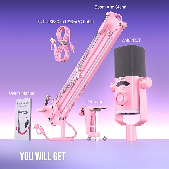 FIFINE XLR/USB Gaming Microphone Kit with Boom Arm Stand, RGB Streaming Mic for Computer Compatible with PC/PS4/PS5, Podcast Mic Set with Headphone Jack, Volume Knob, Mute-AmpliGame AM8PROT Pink