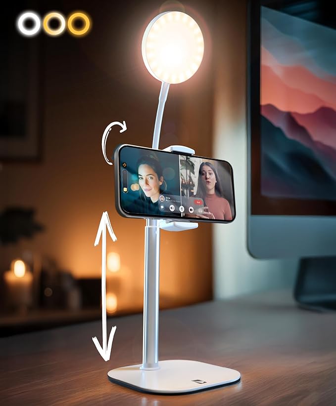 Phone Stand for Recording with Light for Desk - ChatStand Halo 9-13" Adjustable, Portable Ring Light Tripod, iPhone Stand for Desk & Phone Holder for Video Recording, Filming, Zoom Calls (Frost White)