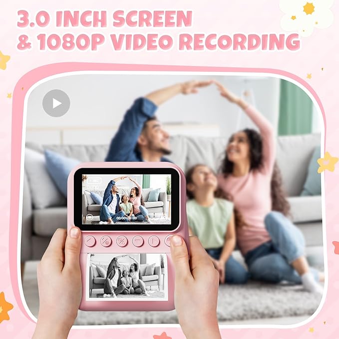 Kids Instant Print Camera, 3.0'' Screen, 48MP Photo, 1080P HD, Gift for 3-12 Year Old Girls & Boys (Pink) with 32GB Card