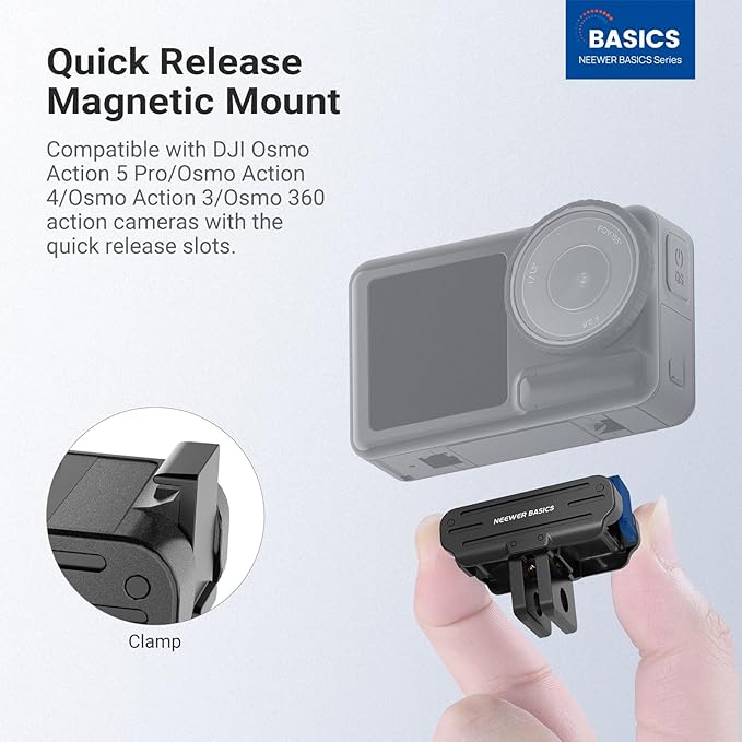 NEEWER Magnetic Quick Release Mount Adapter Compatible with DJI OSMO Action 5 Pro 4 3 360, Foldable Action Camera Stand Base Bracket Accessories, 2 Prong & 1/4" for Video Recording Filming, DP04
