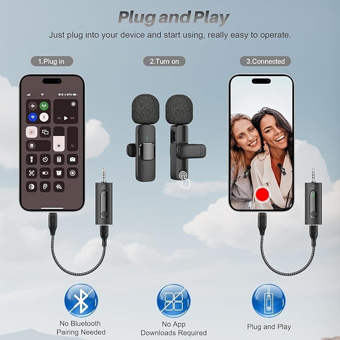 2 Pack Wireless Mini Lavalier Lapel Microphone for iPhone,Android Device(4 in 1) - 65ft Cordless Clip on Dual Mics with Noise Reduction 6H Working Time for Video Recording Vlogging, YouTube, Interview