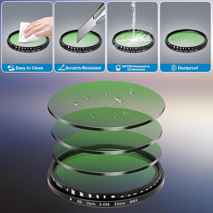 Phone 52MM Variable ND2-ND400 Filter, Multi-Coating Clip Adjustable Neutral Density Lens Kit, Compatible with iPhone 16/15/14/13 Pro Max, Samsung Galaxy, Google Pixel and Other Smart Phones