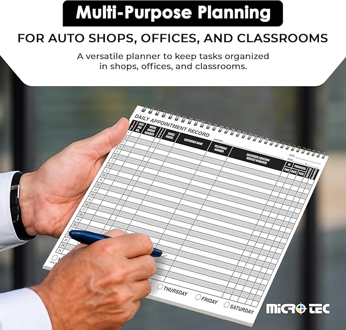MICRO TEC Daily Appointment Record Log Books – 8.5" × 11" Spiral Bound Planner – Durable 90# Paper Notebook for Auto Repair Shops, Service Advisors & Daily Tracking - 100 Pages/Book (Book of 2)