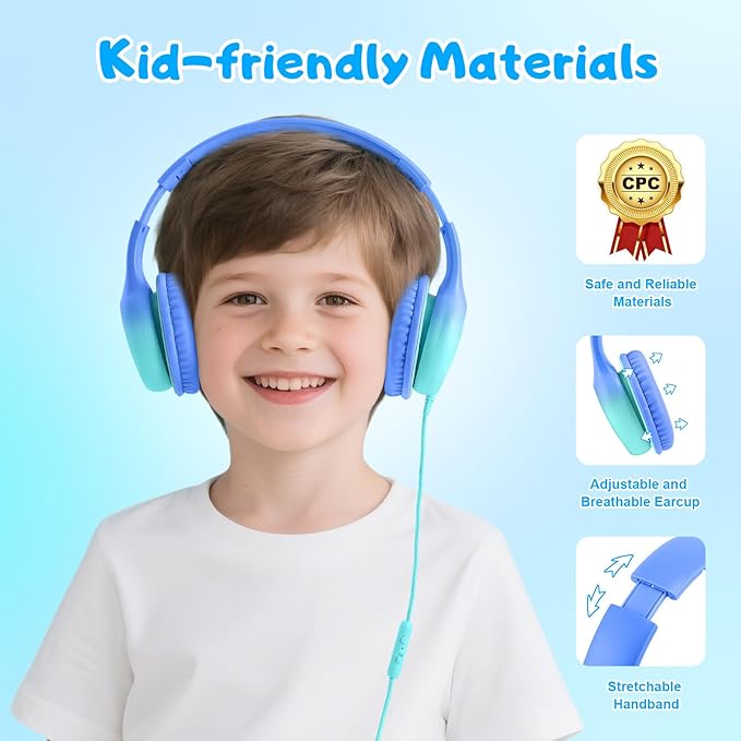 USB Type C Kids Headphones, Wired Headphones for Kids with Microphone 85/94dB Volume Limit, Stereo Sound Portable Over Ear Headphones for School/Travel/Tablet/iPad, Gradient Blue