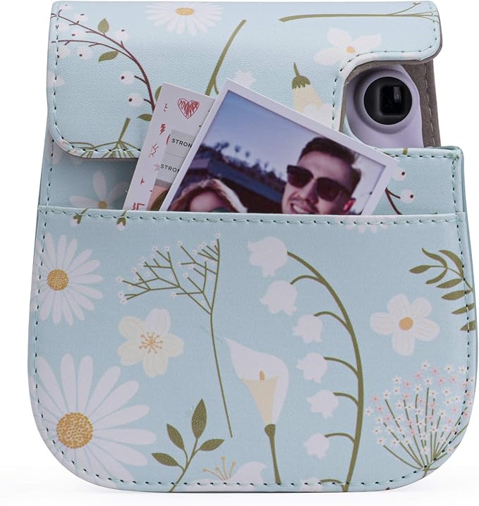 Frankmate PU Leather Camera Case Compatible with Fujifilm Instax Mini 11 12 Instant Camera with Adjustable Strap and Pocket (Chrysanthemum)