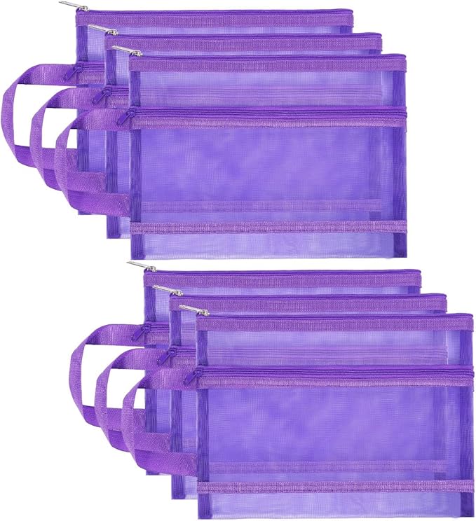 Fassave 6 Pack Mesh Zipper Pouch Bags, Double Layer Nylon Pouch with Handle for Office Travel Organization (Purple, A5)