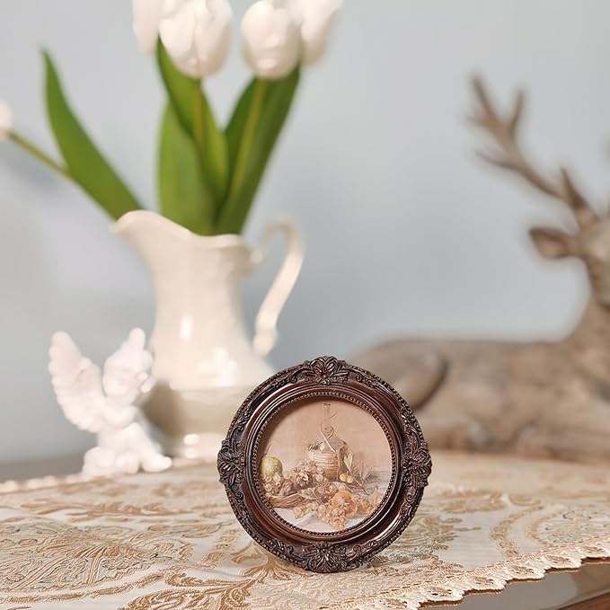 Vintage Picture Frames 3x3 Ornate Distressed Brown Antique Pictue Frames with Real Glass Cover for Wall & Tabletop Display Victorian Home Decor Gallery Wall Decor,Round