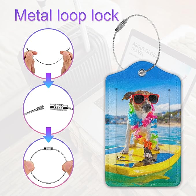 2 Pack Leather Luggage Tag for Suitcase Dog On Skateboards Seaside Vacation Unique Travel Tags with Privacy Cover ID Label & Stainless Steel Loop for Men and Women Baggage