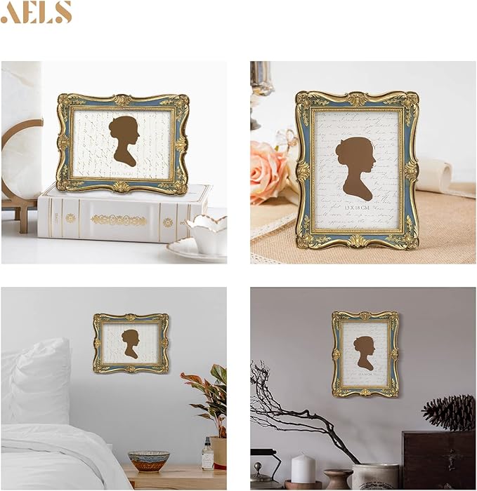AELS 5x7/8x10 Inch Vintage Picture Frame, Elegant Antique Photo Frames with Glass Front, Photo Display, Tabletop Wall Hanging, Gift Ideas, Gold (Gold and Blue, 5x7)