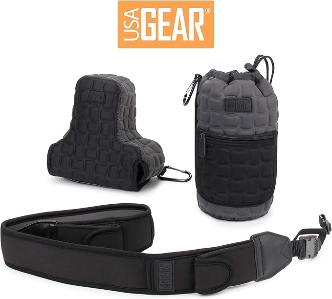 USA Gear FlexARMOR-X Large Lens Case Pouch with Deluxe Padded Neoprene Protection - Fits Camera Lenses up to 7.87" x 3.80", Drawstring Opening, Carabiner Clip, Zippered Storage Pocket