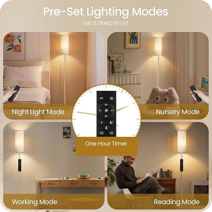 Wooden Textured Pole Lamp, Dimmable Floor Lamps for Living Room with Remote and Foot Switch, 64.4” Standing Tall Lamp, Corner Floor Light for Bedroom, Bulb Included, 3000K-6500K, FCC Listed XE06LD05W1