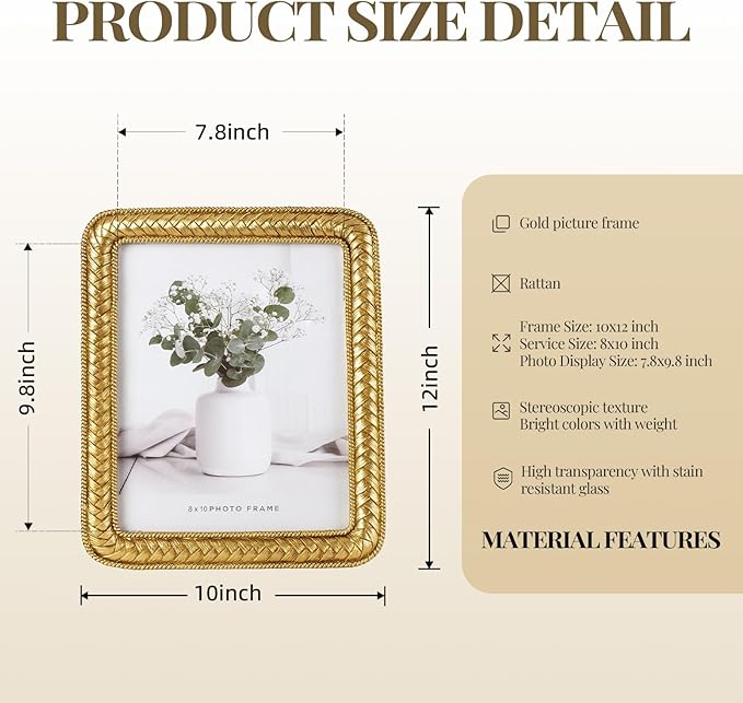 8x10 Gold Picture Frame, Ornate Resin Photo Frame with Glass Front, Decorative Rattan Design Gold Frames for Tabletop Display & Wall Hanging, Vintage Elegant Home Decor for Living Room, Bedroom