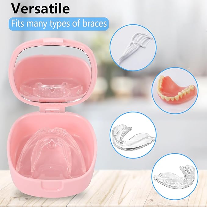 Retainer Case With Mirror and Ventilation Holes - Mouth Guard, Denture, Orthodontic Aligner, Night Guard - Pink