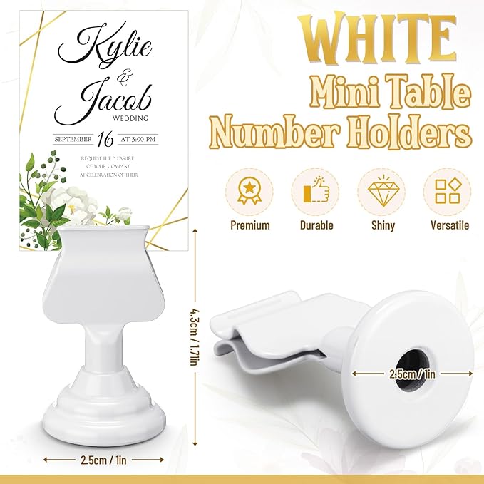 Kathfly 24 Pcs Metal Table Number Holders 1.7 inch White Mini Place Card Holders Bulk Harp-clip Table Sign Stands Card Holder Display Picture Memo Notes Menu for Weddings Restaurants Birthday Decor
