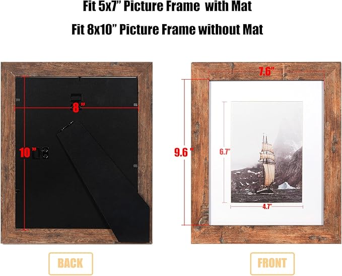 kennethan 8x10 Picture Frame Rotten Brown, Wooden Frame with white mat, For Tabletop and Wall Mounting Display for Home, Office,Gallery,Holiday with Photos, Posters