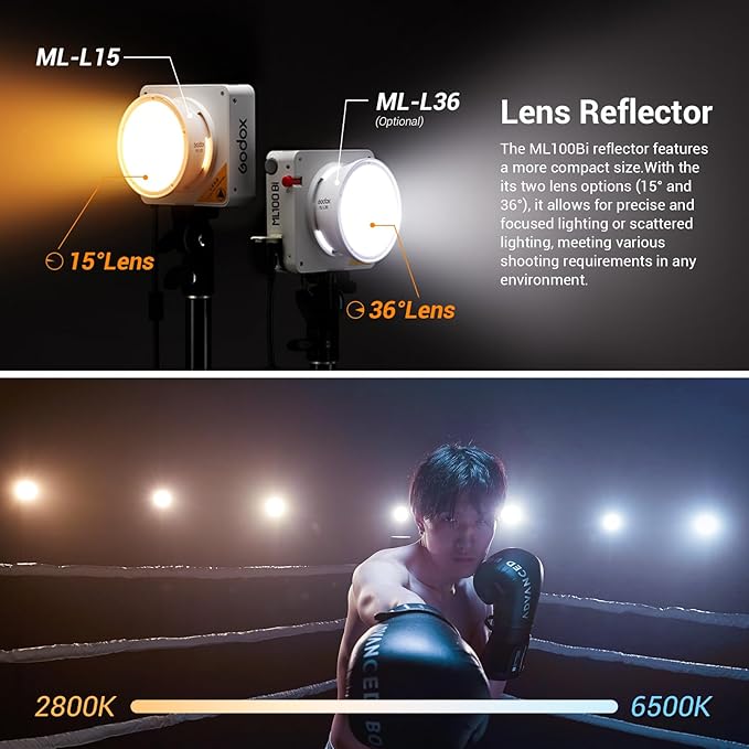 Godox ML100Bi 100W Portable LED Video Light,CRI 97+/TLCI 98+,0%-100% Brightness& Bi-Color COB Continuous Output Lighting 2800-6500K,11 FX Lighting Effects,App Control Mini Photography Light