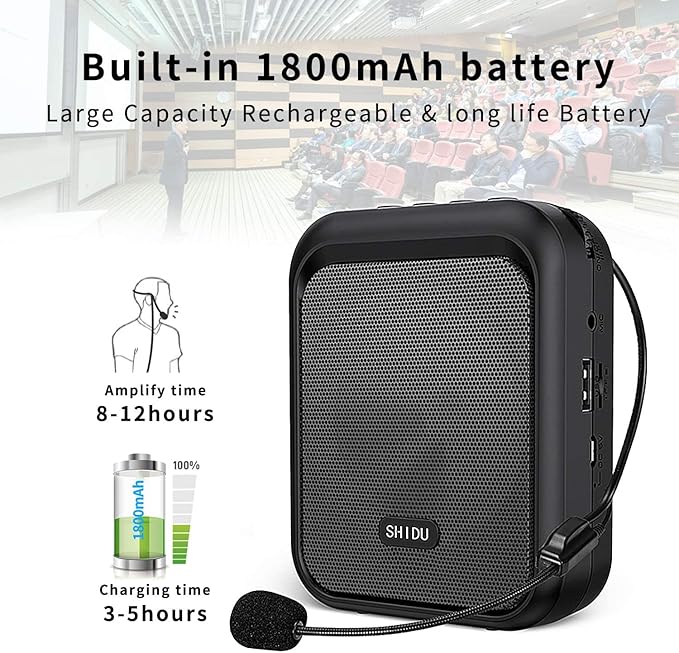 SHIDU Mini Voice Amplifier Portable Rechargeable Bluetooth Speaker with Wired Microphone Headset 10W 1800mAh PA system Supports MP3 Format Audio for Teacher, Taxi Driver, Coaches, Training, Tour Guide