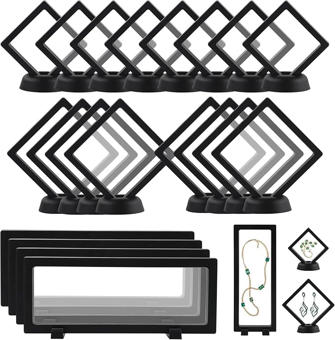 20 Pack 3D Black Floating Display Case with Bases, 3 Sizes Challenge Coin Display Holder, Transparent PE Jewelry Storage Box for Medallions, Jewelry, Coins, Sea Shell Collectibles