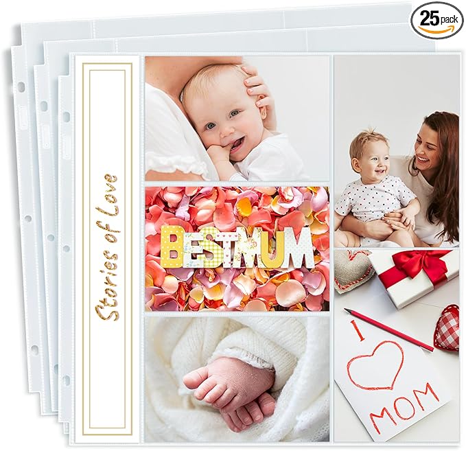 Dunwell Photo Album Refill Pages 12x12 (4x6 Mixed Layout), 25 Pack Holds 250 Pictures, Plastic 4 x 6 Photo Sleeves for 3-Ring Scrapbook Binder, Acid-Free Poly
