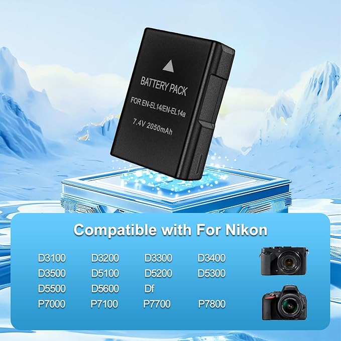 EN-EL14/EN-EL14a Battery Pack, 7.4V 2050mAh, with Dual Slot Fast USB Charger, for Nikon D5100 D3200 D5300 D3100 D5200 D3300 D5500 D3400 Df D3500 D5600 P7000 P7100 P7700 P7800 Digital Camera