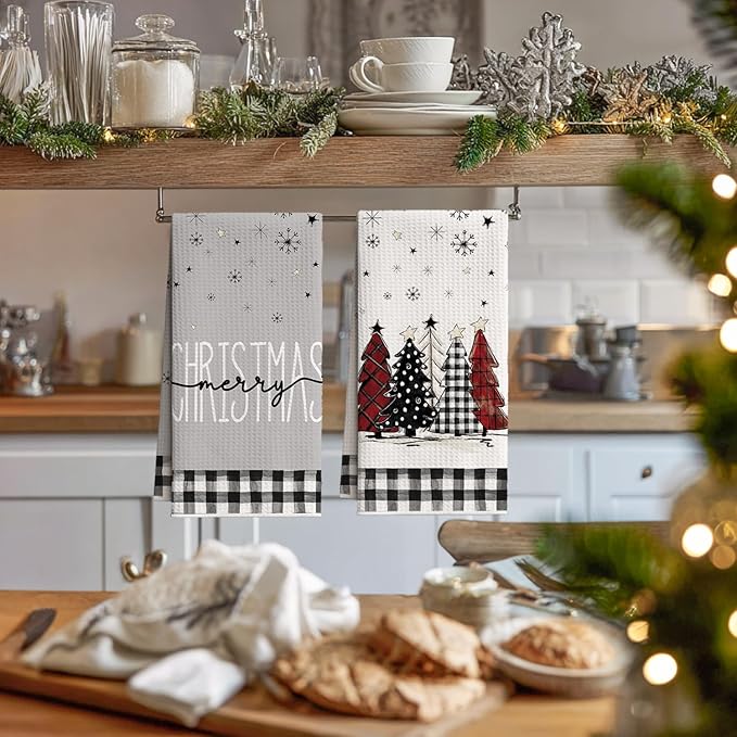 Artoid Mode Black Xmas Tree Snowman Merry Christmas Kitchen Towels, 18x26 Inch Quick Dry Microfiber Cloth Dish Towels for Kitchen Drying Set of 4