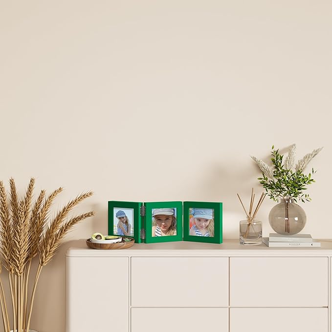 decorUhome Triple 4x4 Picture Frame Vertical, Engineered Wood Trifold Photo Frame with Plexiglass for Tabletop Display, 4x4, Green