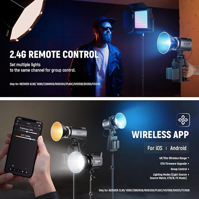 NEEWER MS60C RGBWW LED Video Light with 2.4G/APP Control, 65W Metal Mini RGB COB Continuous Output Lighting Bowens Mount Handheld Spotlight 2700K-6500K,8300lux/1m, CRI 97+/TLCI 98+,17 Effects + RGBCW