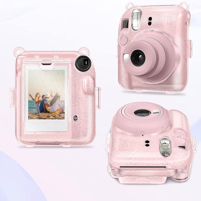 Fintie Protective Clear Case for Fujifilm Instax Mini 12 Instant Camera - Crystal Hard Shell Cover with Upgraded Film Pocket for Storing Photos & Removable Shoulder Strap