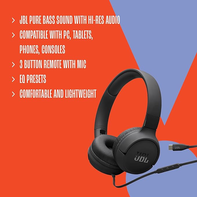 JBL Tune 520C - USB-C Wired on-Ear Headphones with Hi-Res Audio Support, JBL Pure Bass Sound, Comfort fit, USB-C connectivity, 3-Button Remote with Microphone and EQ presets Control (White)