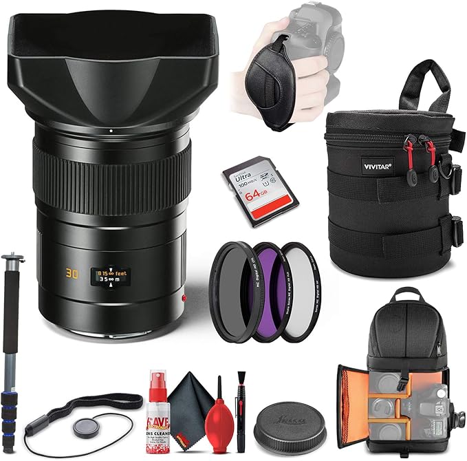 Leica Elmarit-S 30mm f/2.8 ASPH Lens (11073) + 64GB Memory Card + Padded Lens Case + Filter Kit + Backpack + Full Size Monopod + Cleaning Set + Cap Keeper + Hand Strap