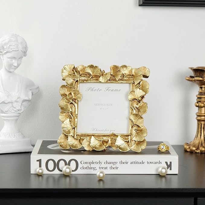 Cuspin 4x4 Picture Frame Square, Small Gold Vintage Ornate Frame Leaf Textured Hand-Crafted Resin with Glass Front, Antique Photo Frames for Tabletop Display, Retro Design Home Decor